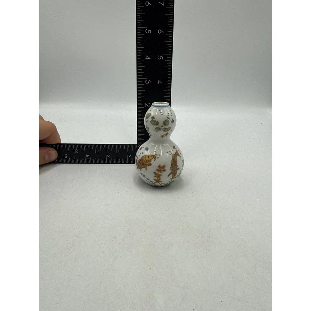 Miniature Porcelain Double Gourd Vase Koi Fish Hand Painted White Ceramic 3 Inch
